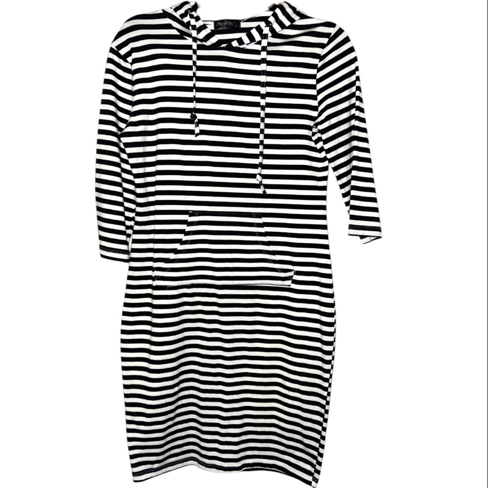 Black and White Striped Hoodie Dress with 3/4 Sleeves and Kangaroo Pocket